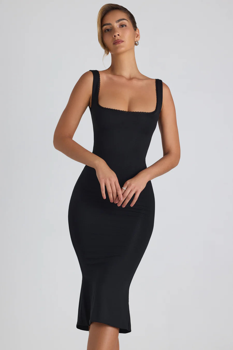 Black Modal Lace Trim Midi Dress